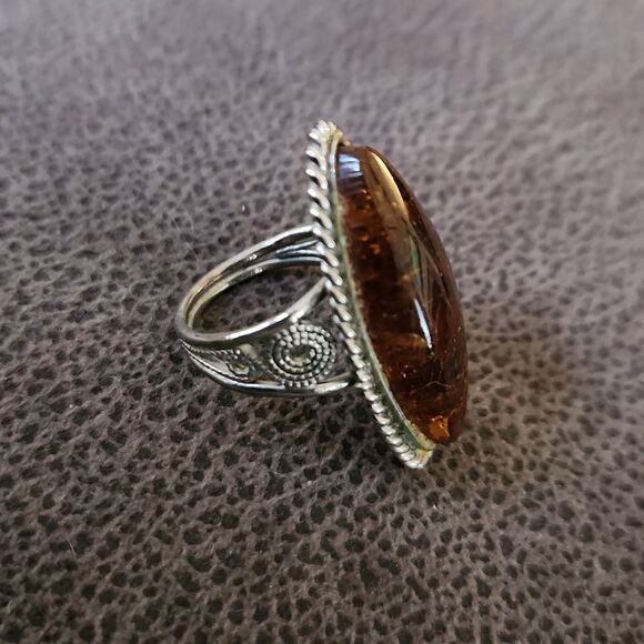 Lithuania Baltic oval Amber gemstone ring silvertone size 5 1/2 - Picture 4 of 6
